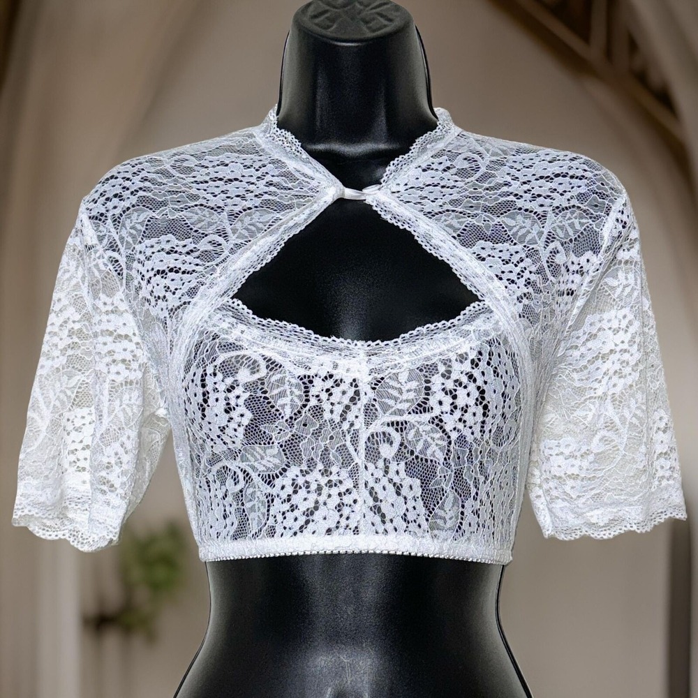 New Large White Lace Dirndl Blouse High Keyhole Neck Vneck Top Shirt Oktoberfest